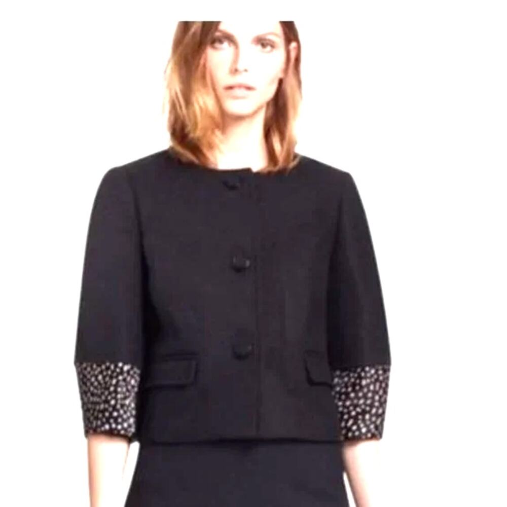 Tory Burch Peggy Calf Half Trimmed Wool Blend Jacket Black Women's Size 12